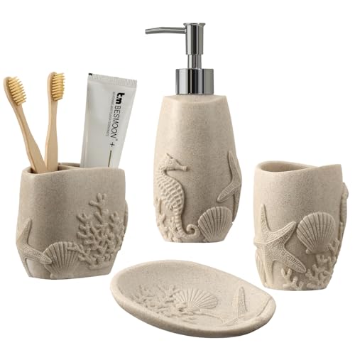 Haocoott Bathroom Accessories Set 4 PCS Bathroom Accessory Sets with Soap Dispenser Toothbrush Holder Tumbler Soap Dish Bathroom Countertop Organizer Sea Bathroom Decor Beige - Image 1