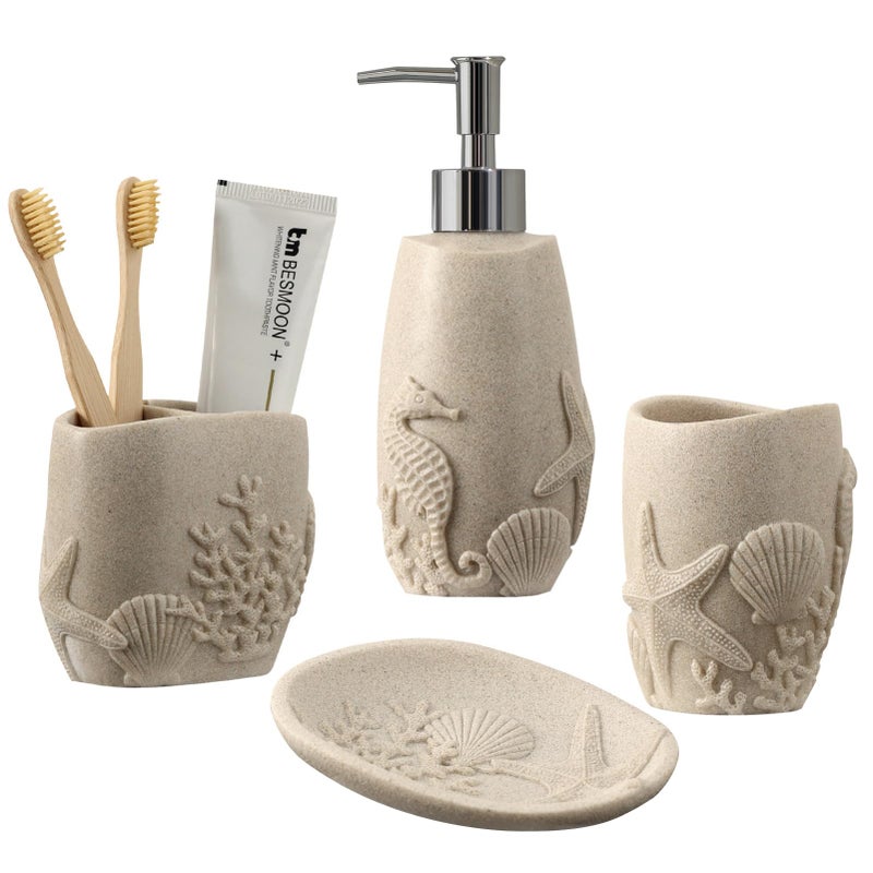 Haocoott Bathroom Accessories Set 4 PCS Bathroom Accessory Sets with Soap Dispenser Toothbrush Holder Tumbler Soap Dish Bathroom Countertop Organizer Sea Bathroom Decor Beige - Image 2