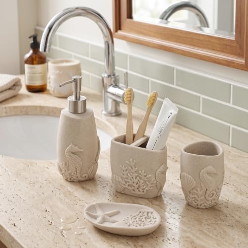 Haocoott Bathroom Accessories Set 4 PCS Bathroom Accessory Sets with Soap Dispenser Toothbrush Holder Tumbler Soap Dish Bathroom Countertop Organizer Sea Bathroom Decor Beige - Image 3
