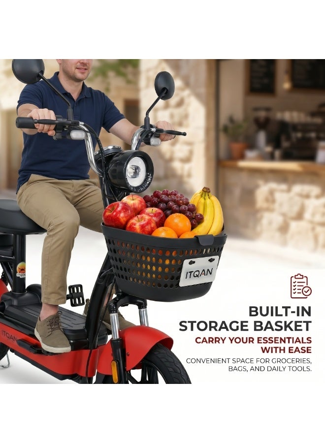 ITQAN RASEEL Two-seater adult high-speed E scooter、E-bike with front shopping basket | Ultra-long range of 60 km | 450W A+ motor | 48V 12Ah battery | Maximum speed of 55 km/h | 150 kg load capacity | Digital display and LED lighting, portable electric bicycle, suitable for family and city e bike - Image 3