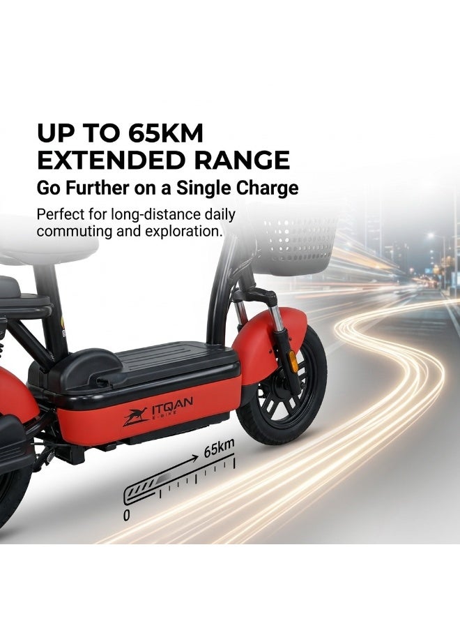 ITQAN RASEEL Two-seater adult high-speed E scooter、E-bike with front shopping basket | Ultra-long range of 60 km | 450W A+ motor | 48V 12Ah battery | Maximum speed of 55 km/h | 150 kg load capacity | Digital display and LED lighting, portable electric bicycle, suitable for family and city e bike - Image 4