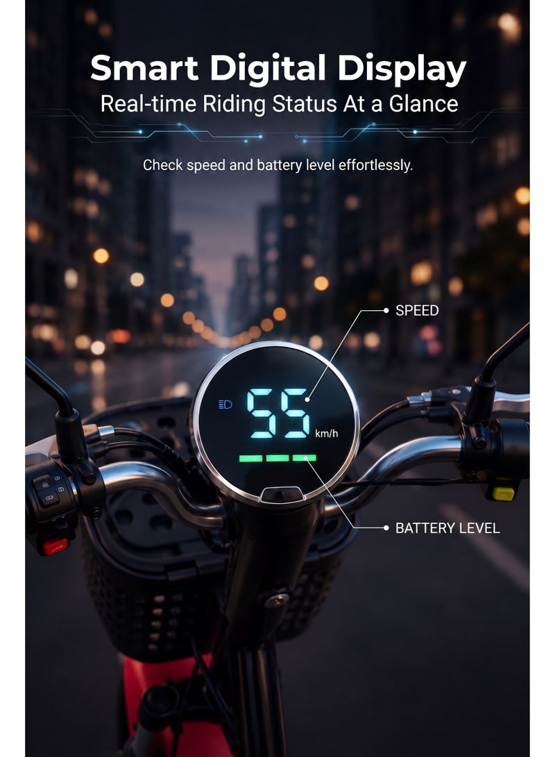ITQAN RASEEL Two-seater adult high-speed E scooter、E-bike with front shopping basket | Ultra-long range of 60 km | 450W A+ motor | 48V 12Ah battery | Maximum speed of 55 km/h | 150 kg load capacity | Digital display and LED lighting, portable electric bicycle, suitable for family and city e bike - Image 5