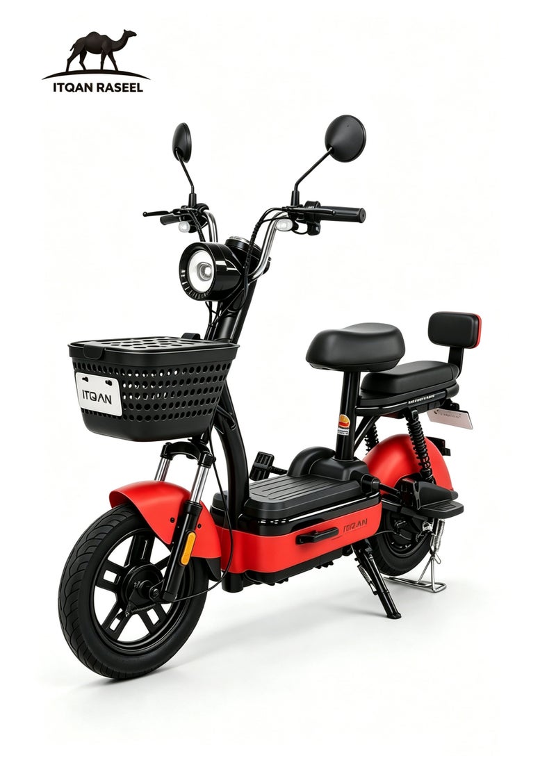 ITQAN RASEEL Two-seater adult high-speed E scooter、E-bike with front shopping basket | Ultra-long range of 60 km | 450W A+ motor | 48V 12Ah battery | Maximum speed of 55 km/h | 150 kg load capacity | Digital display and LED lighting, portable electric bicycle, suitable for family and city e bike - Image 1