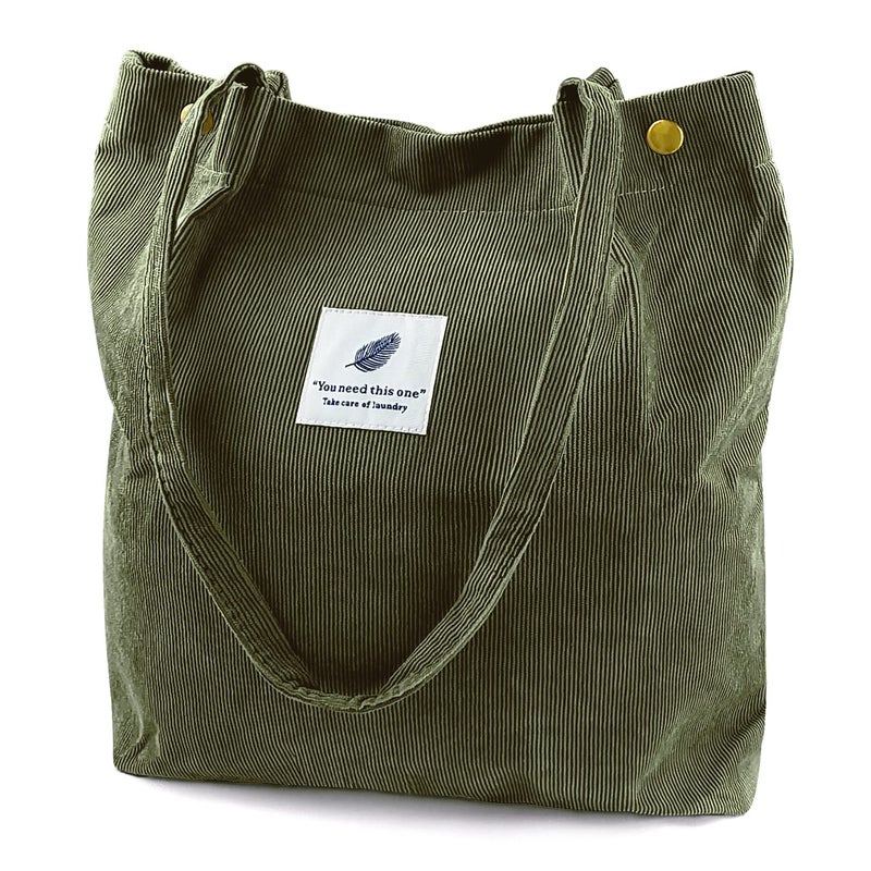 Ayieyill Ayieyill Corduroy Tote Bag for Women Girl Canvas Shoulder Cord Purse with Inner Pocket For Work Beach Lunch Travel School Shopping (X-Army Green)  - Image 1