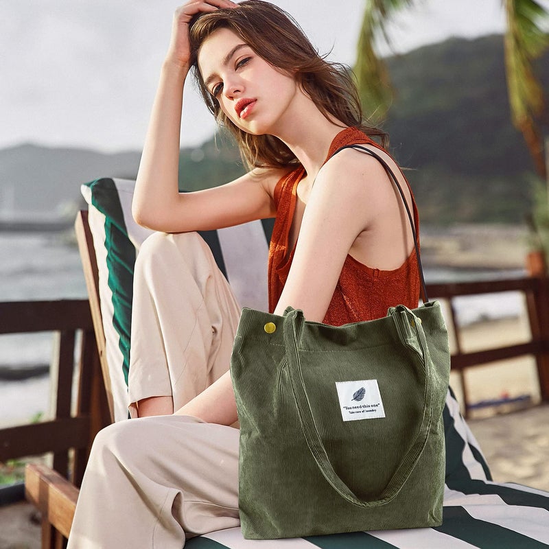 Ayieyill Ayieyill Corduroy Tote Bag for Women Girl Canvas Shoulder Cord Purse with Inner Pocket For Work Beach Lunch Travel School Shopping (X-Army Green)  - Image 3