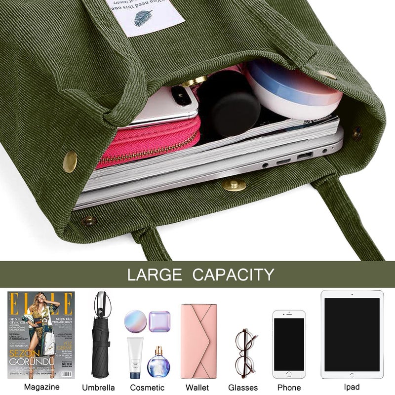 Ayieyill Ayieyill Corduroy Tote Bag for Women Girl Canvas Shoulder Cord Purse with Inner Pocket For Work Beach Lunch Travel School Shopping (X-Army Green)  - Image 2