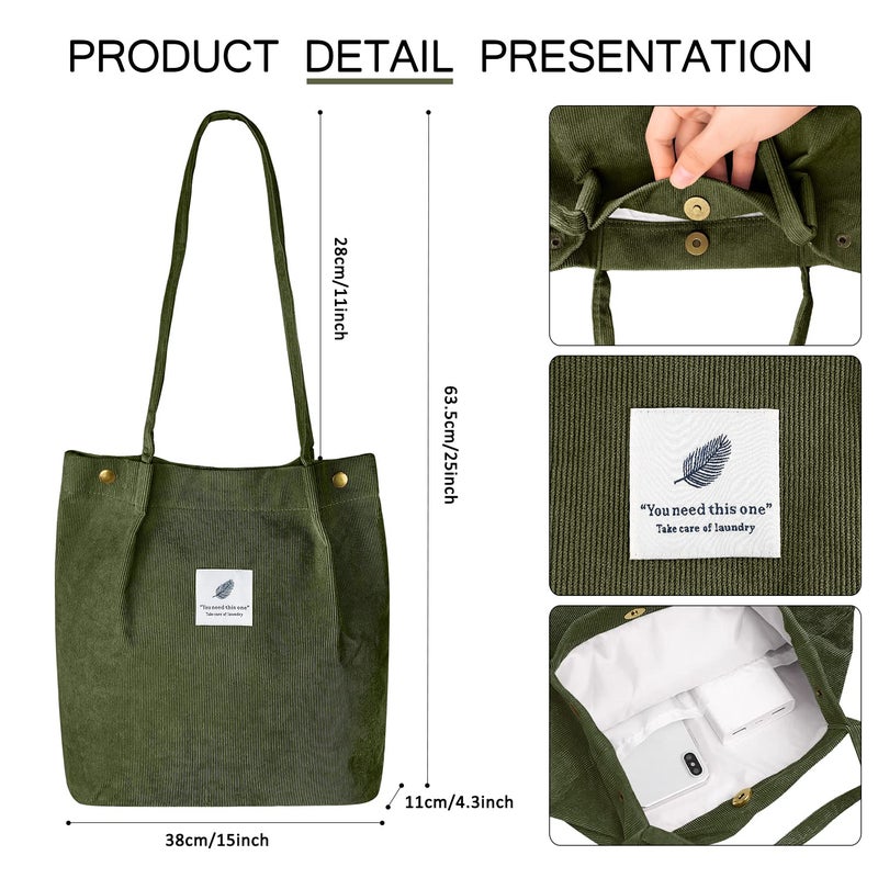 Ayieyill Ayieyill Corduroy Tote Bag for Women Girl Canvas Shoulder Cord Purse with Inner Pocket For Work Beach Lunch Travel School Shopping (X-Army Green)  - Image 4