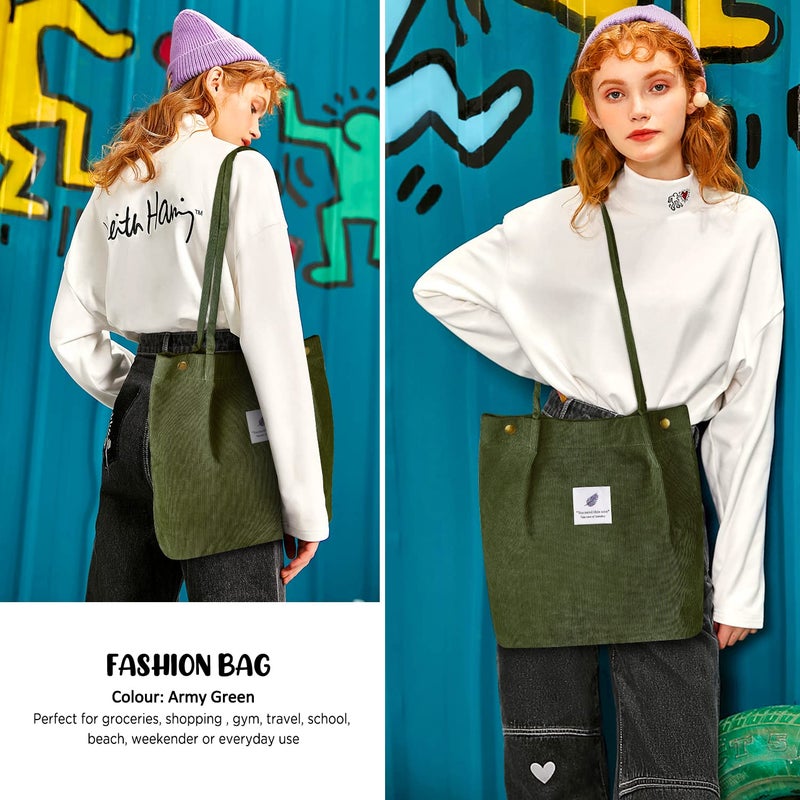 Ayieyill Ayieyill Corduroy Tote Bag for Women Girl Canvas Shoulder Cord Purse with Inner Pocket For Work Beach Lunch Travel School Shopping (X-Army Green)  - Image 5