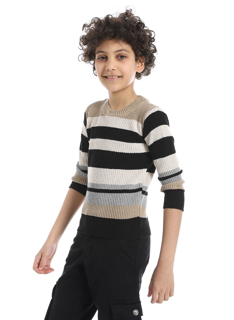 Andora Ribbed Hem Striped Slip On Pullover For Boys_Grey & Black - Image 1