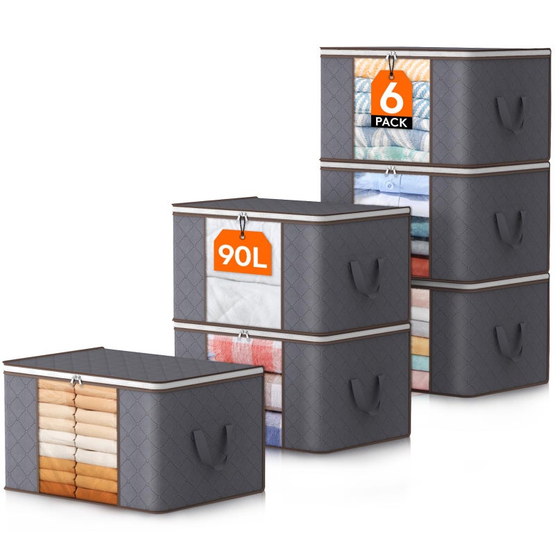 Lifewit 90L Large Storage Bags, 6 Pack Closet Organizers and Storage, Clothes Storage Bins with Lids, Foldable Storage Containers with Reinforced Handles for Clothing, Blanket, Bedding, Comforter Gray - Image 1