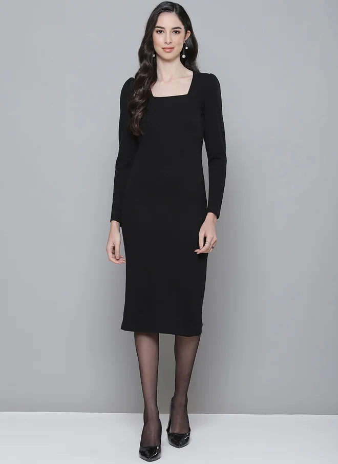 Black Ribbed Formal Sheath Dress for Women