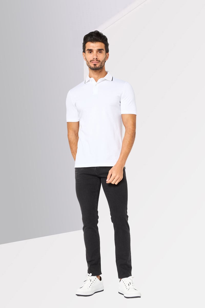 DKNY Men Regular Fit Short Sleeve Solid Polo Shirt, White - Image 4