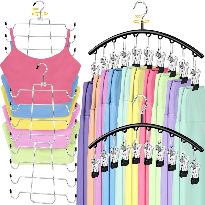 TomCare 4 Pack Space Saving Hangersï¼Œ2Pack Tank Top Hanger and 2Pack Leggings Organizers for Closet Pants Hangers with 20 Clips Bra Organizers with 16 Hooks Stainless Steel Hanging Closet Organizer - Image 1