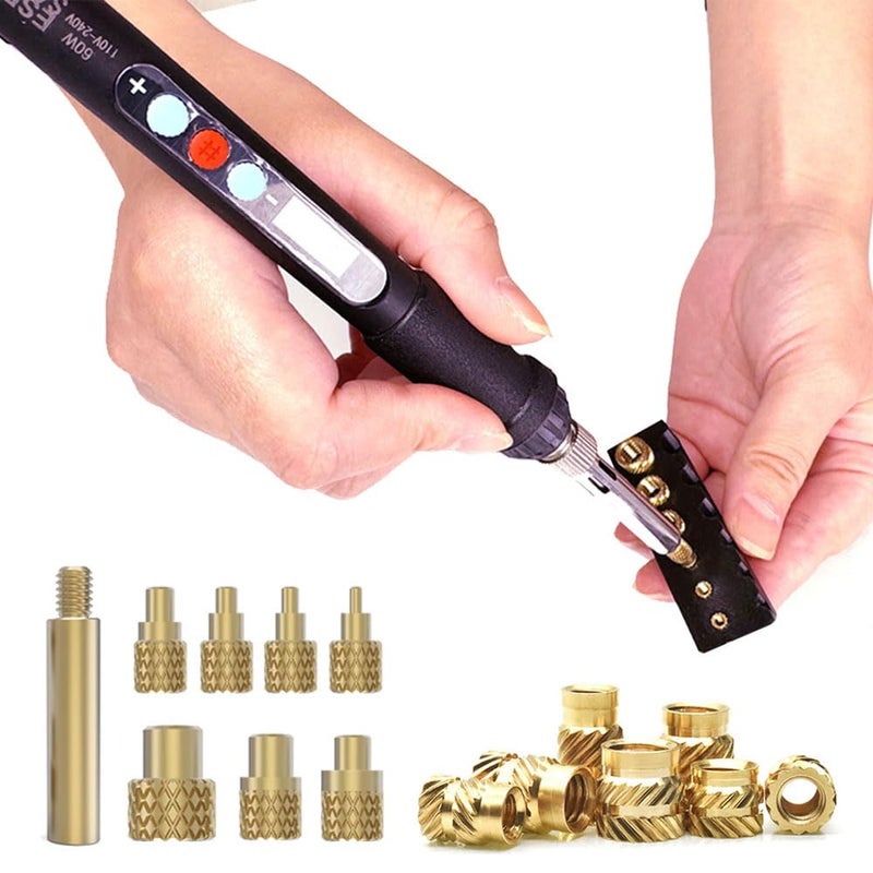 3DZWMAN 60W Digital Soldering Iron Heat Set Insert Tool with Heat Set Insert Tips and 100 Pcs M3x4x4.5 Threaded Inserts - Image 1