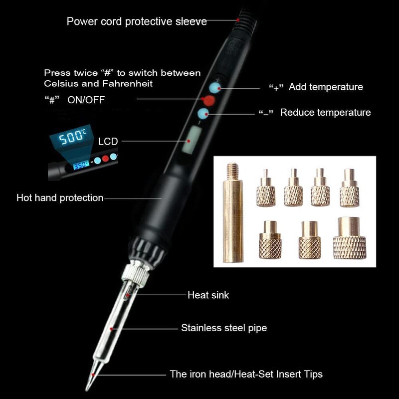3DZWMAN 60W Digital Soldering Iron Heat Set Insert Tool with Heat Set Insert Tips and 100 Pcs M3x4x4.5 Threaded Inserts - Image 3