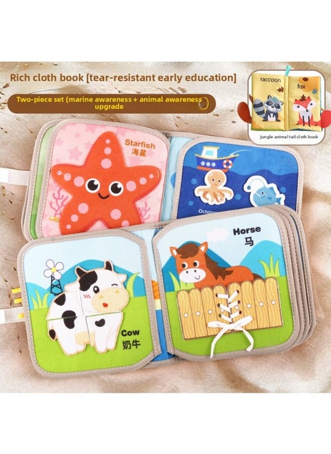 Tear-And-Tear Book For Infant Early Education, Quiet Book With Velcro, Unbreakable And Chewable, Cognitive Educational Toy For 6-Month-Old Baby 8-Color:[ocean Style + Upgraded Animal Style + Animal Tail Cloth Book] Three-piece Cloth Book Set