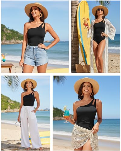 Holipick One Shoulder One Piece Swimsuit for Women Tummy Control Bathing Suits Modest Full Coverage Keyhole Swimwear Black - Image 5