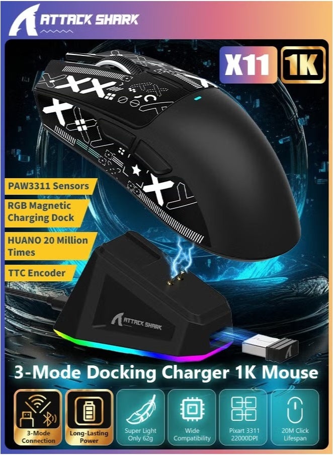 Attack Shark X11 Lightweight Wireless Gaming Mouse with RGB Charging Dock,Tri-Mode-2.4G/USB-C Wired/BT,22K DPI,PAW3311 Optical Sensor,HUYU Switch, 5 programmable Buttons for PC/Mac(Black&Sticker) - Image 1