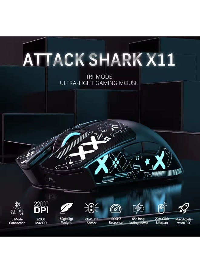 Attack Shark X11 Lightweight Wireless Gaming Mouse with RGB Charging Dock,Tri-Mode-2.4G/USB-C Wired/BT,22K DPI,PAW3311 Optical Sensor,HUYU Switch, 5 programmable Buttons for PC/Mac(Black&Sticker) - Image 2