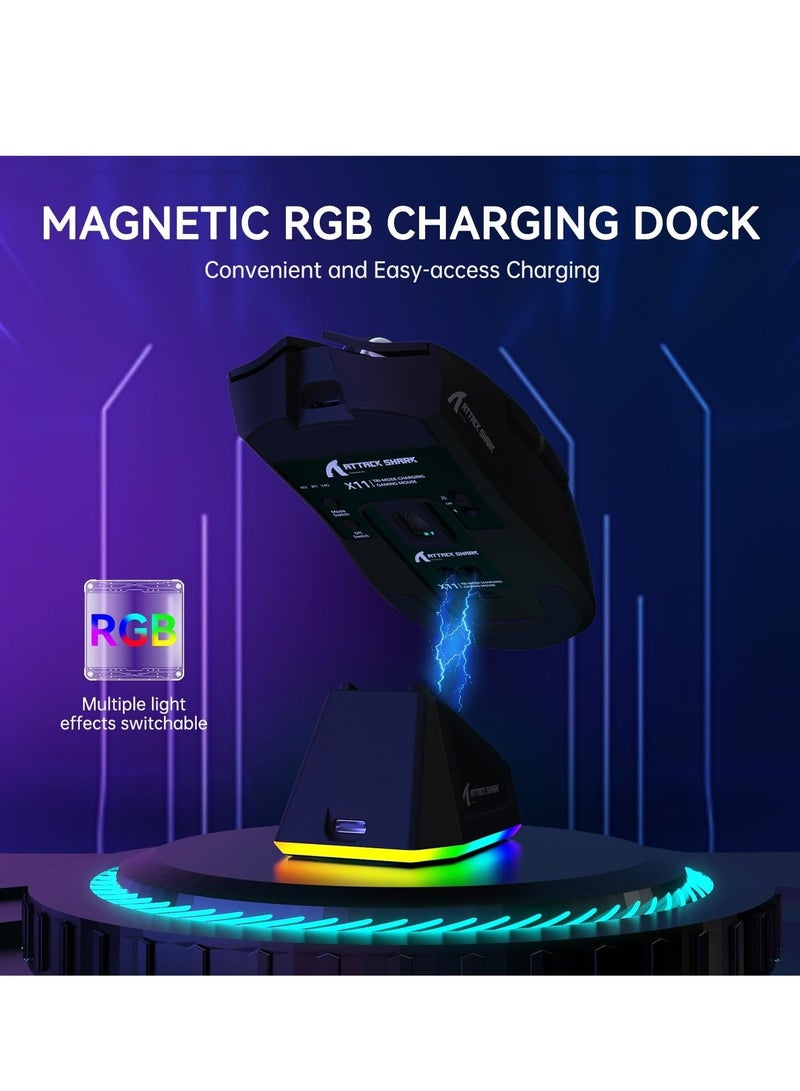 Attack Shark X11 Lightweight Wireless Gaming Mouse with RGB Charging Dock,Tri-Mode-2.4G/USB-C Wired/BT,22K DPI,PAW3311 Optical Sensor,HUYU Switch, 5 programmable Buttons for PC/Mac(Black&Sticker) - Image 4