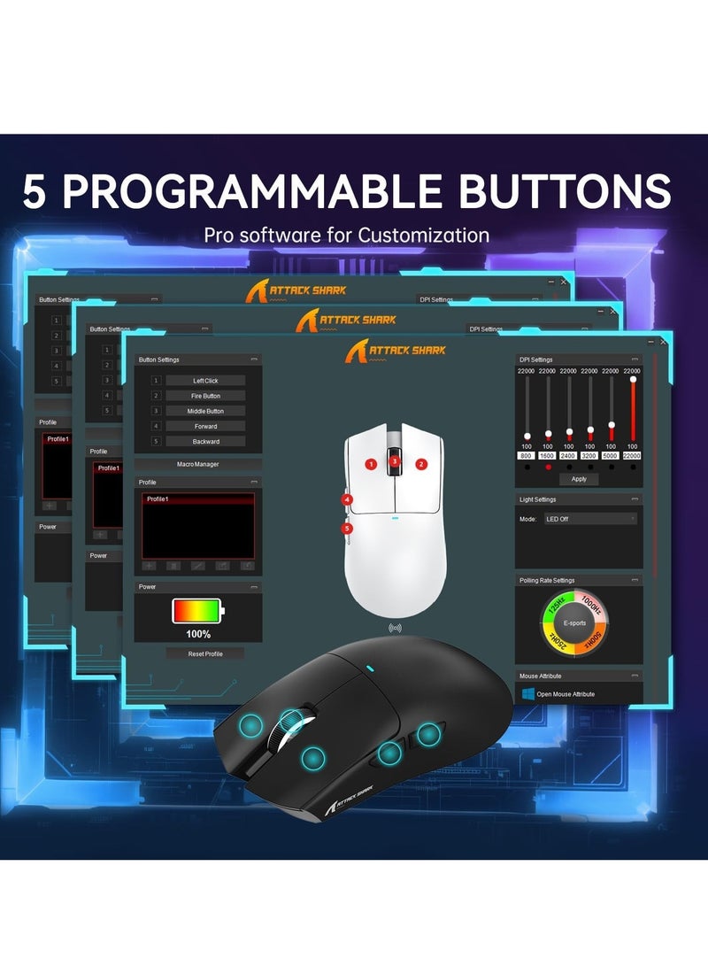 Attack Shark X11 Lightweight Wireless Gaming Mouse with RGB Charging Dock,Tri-Mode-2.4G/USB-C Wired/BT,22K DPI,PAW3311 Optical Sensor,HUYU Switch, 5 programmable Buttons for PC/Mac(Black&Sticker) - Image 5