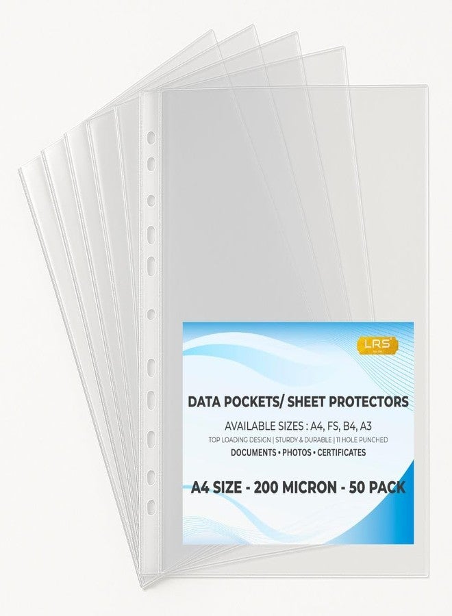 LRS A4 Sheet Protectors - 200 Micron, Pack of 50 | Heavy Duty Transparent Document Sleeves | 11-Hole Punched, Top-Loading | Waterproof, Acid-Free, Archival Safe for Certificates & Files - Image 1