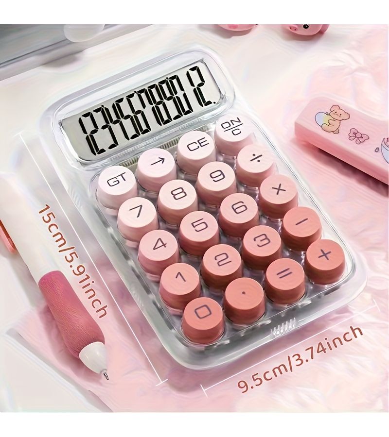 Pink Transparent Dopamine Calculator Large Display 12 Digit Dual Power Solar Battery - Image 2