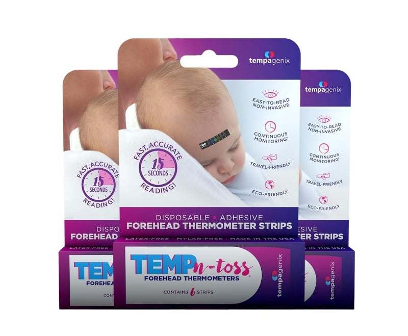 TEMPN-TOSS شرائط مقياس حرارة الجبين القابلة للتخلص منها للقراءة السريعة - تمب-إن-توس لقياس درجة حرارة الأطفال بدقة ونظافة - سهل الاستخدام ومؤشر حمى موثوق للاستخدام مرة واحدة (18) - Image 1