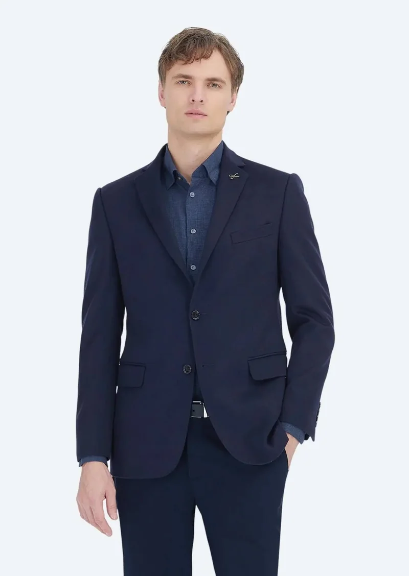 RAMSEY Navy Blue Plain Regular Fit 100% Cashmire Jacket