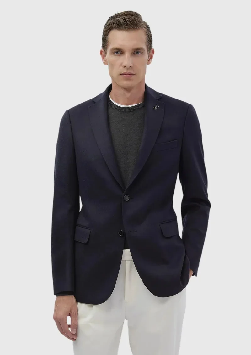 RAMSEY Navy Blue Plain Regular Fit 100% Cashmire Jacket