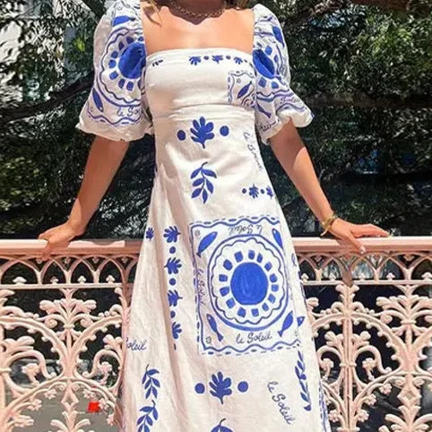 Outzidr  White Square Neck Fit And Flare With Hem Ruffle Maxi Dress for Women | Best Price UAE