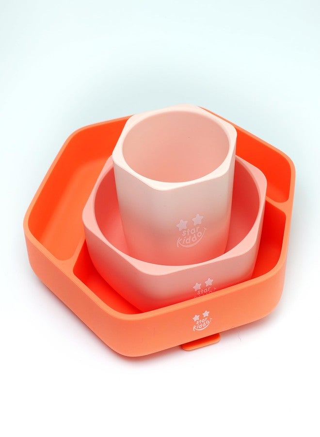StarKiddo® Complete Baby Feeding Set | Silicone Suction Plate and Bowl Set for Kids & Toddlers | Microwave & Dishwasher Safe| Food Grade| BPA Free | Baby Dinnerware Set (3pcs) (Orange) - Image 1