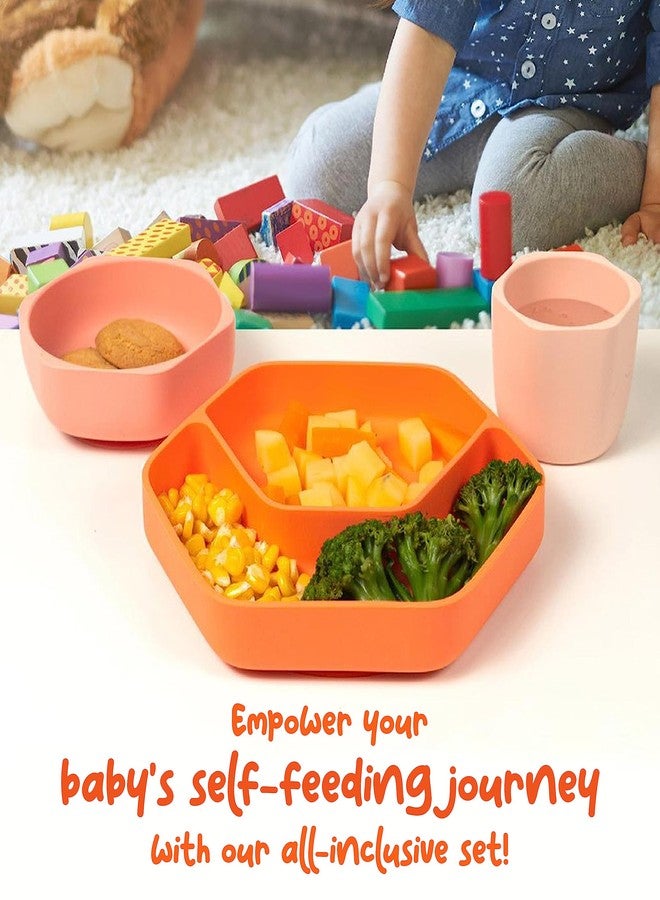StarKiddo® Complete Baby Feeding Set | Silicone Suction Plate and Bowl Set for Kids & Toddlers | Microwave & Dishwasher Safe| Food Grade| BPA Free | Baby Dinnerware Set (3pcs) (Orange) - Image 2