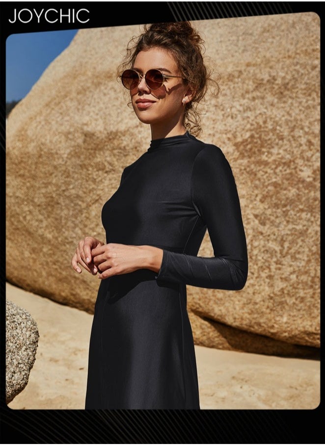 Joychic - Two-piece Solid Color Conservative Swimsuit Women Summer Long Sleeved Trousers Full Coverage Sunscreen Swimwear Quick-drying Beachwear Black - Image 1