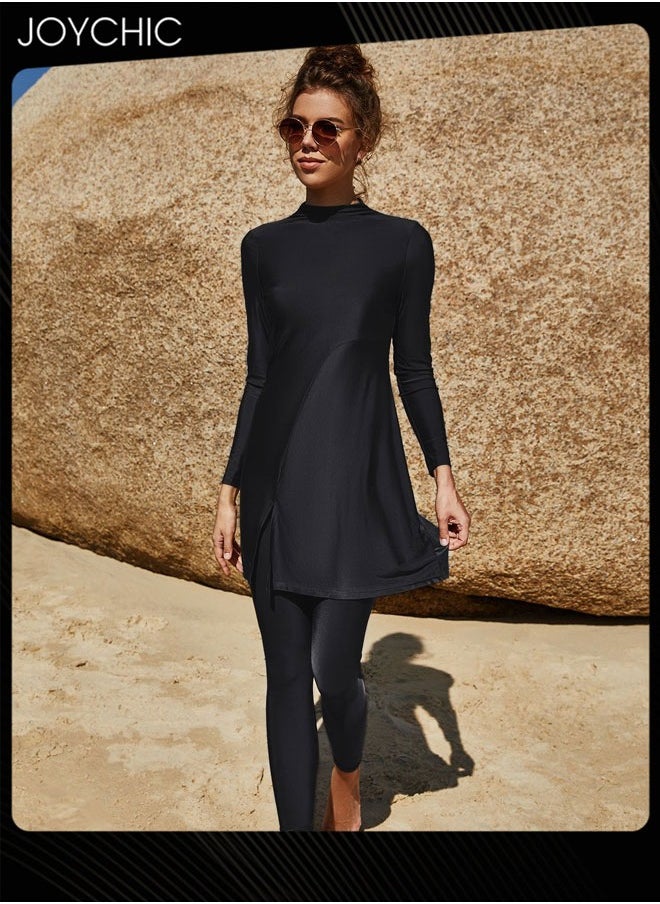 Joychic - Two-piece Solid Color Conservative Swimsuit Women Summer Long Sleeved Trousers Full Coverage Sunscreen Swimwear Quick-drying Beachwear Black - Image 1