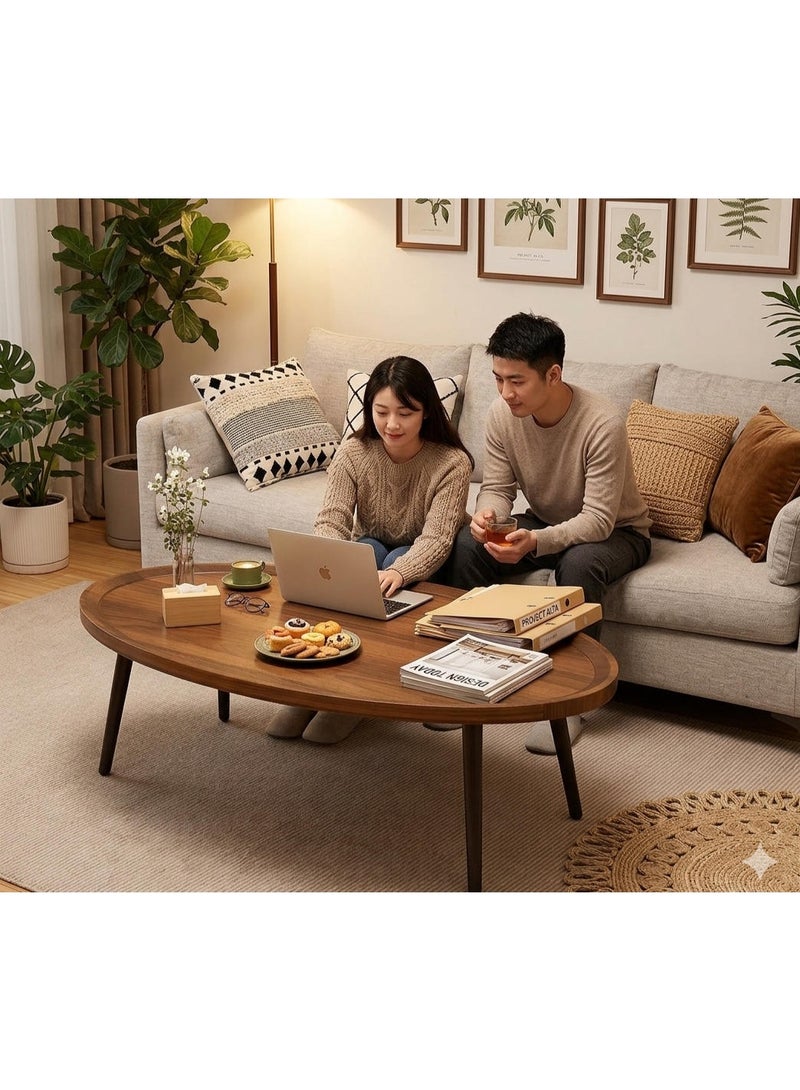 LINGWEI Oval Wooden Coffee Table with Raised Edge Tray Top and 4 Removable Wooden Legs Mid-Century Center Table - Image 2