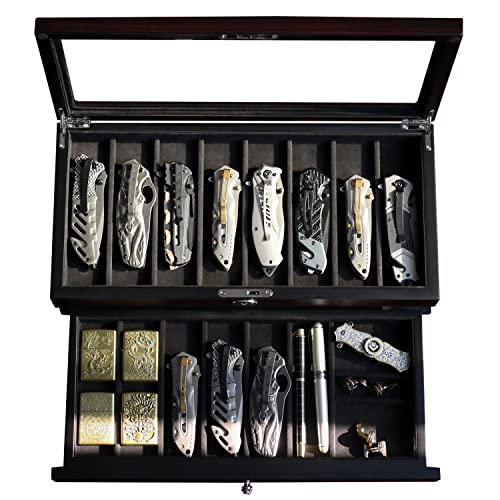 Besforu Pocket Knife Display Case for men collection holder 15-17 folding knife with Walnut Finish Two-Tier Knife organizer storage box with Real Glass Window Top (ebony veneer with draw) - Image 1