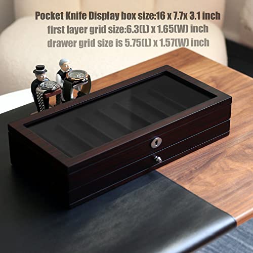 Besforu Pocket Knife Display Case for men collection holder 15-17 folding knife with Walnut Finish Two-Tier Knife organizer storage box with Real Glass Window Top (ebony veneer with draw) - Image 5
