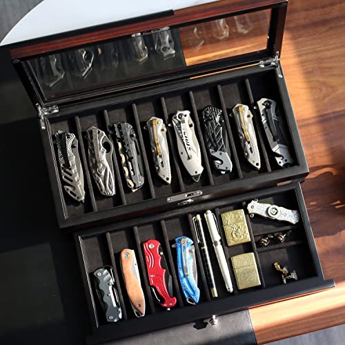 Besforu Pocket Knife Display Case for men collection holder 15-17 folding knife with Walnut Finish Two-Tier Knife organizer storage box with Real Glass Window Top (ebony veneer with draw) - Image 4