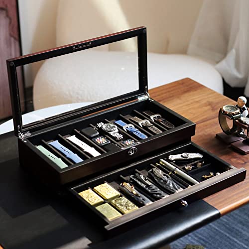 Besforu Pocket Knife Display Case for men collection holder 15-17 folding knife with Walnut Finish Two-Tier Knife organizer storage box with Real Glass Window Top (ebony veneer with draw) - Image 3