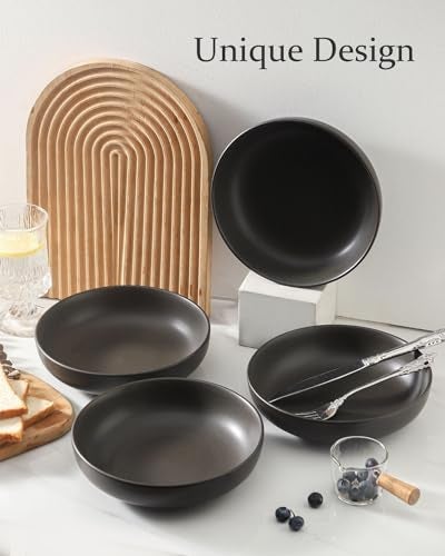 Tikooere Stoneware Pasta Bowls, 34 oz Large Salad Bowl Set of 4, Ceramic Serving Bowls for Ramen, Pasta, Fruit, Cereal, Dinner, Wide and Shallow Bowls, Microwave & Dishwasher Safe, Matte Black - Image 4