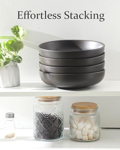 Tikooere Stoneware Pasta Bowls, 34 oz Large Salad Bowl Set of 4, Ceramic Serving Bowls for Ramen, Pasta, Fruit, Cereal, Dinner, Wide and Shallow Bowls, Microwave & Dishwasher Safe, Matte Black - Image 5