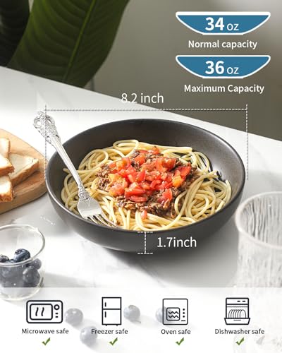 Tikooere Stoneware Pasta Bowls, 34 oz Large Salad Bowl Set of 4, Ceramic Serving Bowls for Ramen, Pasta, Fruit, Cereal, Dinner, Wide and Shallow Bowls, Microwave & Dishwasher Safe, Matte Black - Image 2