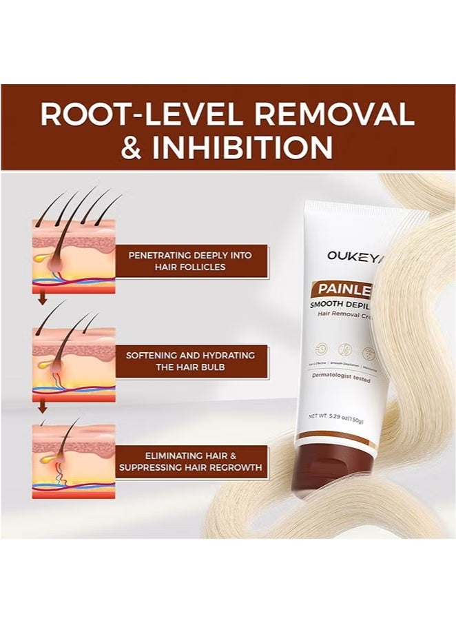 أوكييا كريم إزالة الشعر، للنساء والرجال، للبشرة الحساسة، مستخلصات طبيعية، كريم لإزالة الشعر لمنطقة خط البكيني، الساقين، الذراعين، الإبطين، جل لإزالة الشعر بدون ألم، مختبر من قبل أطباء الجلدية، 150 غرام. - Image 5