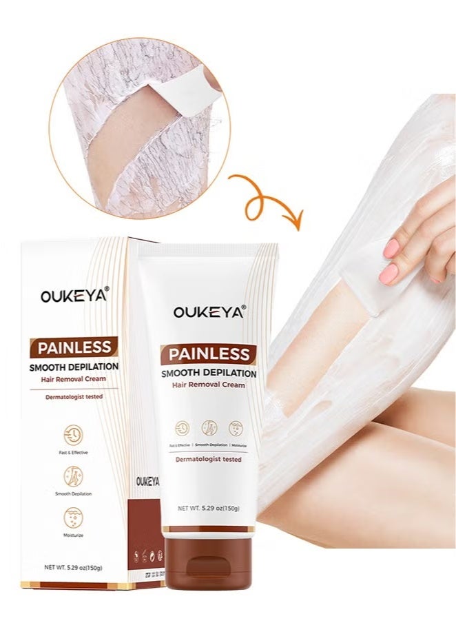 أوكييا كريم إزالة الشعر، للنساء والرجال، للبشرة الحساسة، مستخلصات طبيعية، كريم لإزالة الشعر لمنطقة خط البكيني، الساقين، الذراعين، الإبطين، جل لإزالة الشعر بدون ألم، مختبر من قبل أطباء الجلدية، 150 غرام. - Image 1