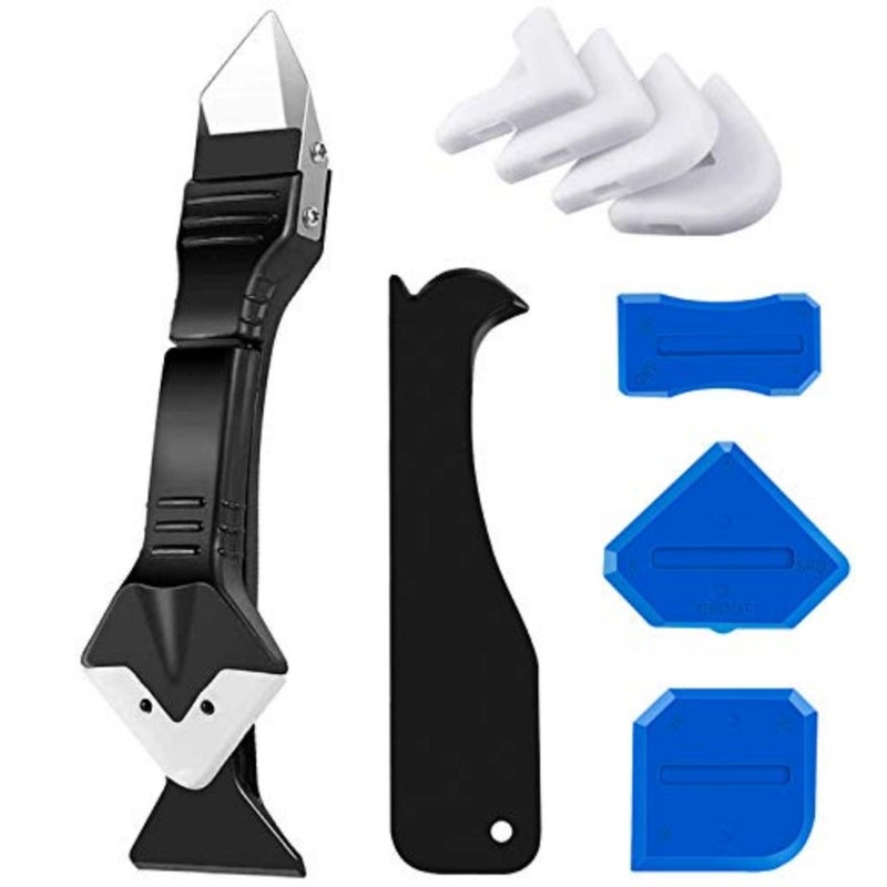 Silicone Caulking Tool Kit, 3 in 1 Caulk Remover Grout Removal Tool, with 4pc Glass Glue Angle Scraper - Image 1