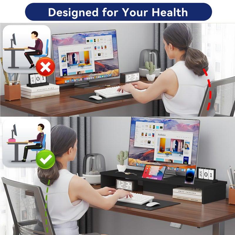 Qupui Dual Monitor Stand Riser with Phone Tablet Holder, 35.8in Large Monitor Stand for Desk, Computer Monitor Stand for 2 Monitors, Desk Shelf for Top of Desk, Desktop Organizer for Laptop, Printer, TV - Image 5