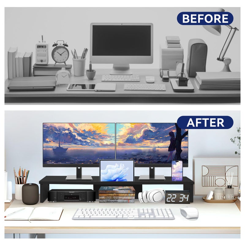 Qupui Dual Monitor Stand Riser with Phone Tablet Holder, 35.8in Large Monitor Stand for Desk, Computer Monitor Stand for 2 Monitors, Desk Shelf for Top of Desk, Desktop Organizer for Laptop, Printer, TV - Image 4
