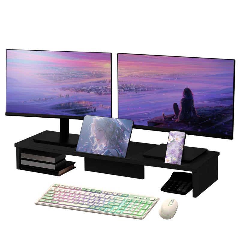 Qupui Dual Monitor Stand Riser with Phone Tablet Holder, 35.8in Large Monitor Stand for Desk, Computer Monitor Stand for 2 Monitors, Desk Shelf for Top of Desk, Desktop Organizer for Laptop, Printer, TV - Image 1