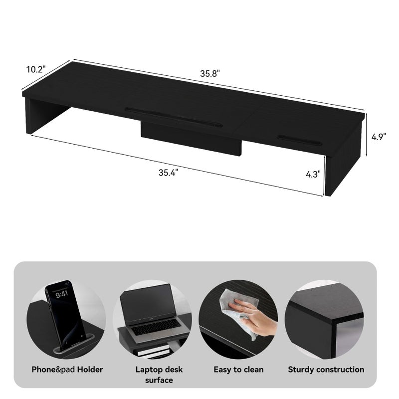 Qupui Dual Monitor Stand Riser with Phone Tablet Holder, 35.8in Large Monitor Stand for Desk, Computer Monitor Stand for 2 Monitors, Desk Shelf for Top of Desk, Desktop Organizer for Laptop, Printer, TV - Image 2